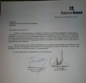 Facsímil. La nota remitida por Banco Basa SA revela una posible trampa de Patricia Samudio, jugada que no le salió.
