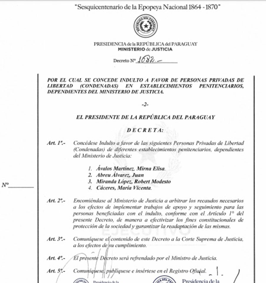 Decreto, mediante el presidente de la República, Mario Abdo Benítez, indultó a 4 presidiarios.