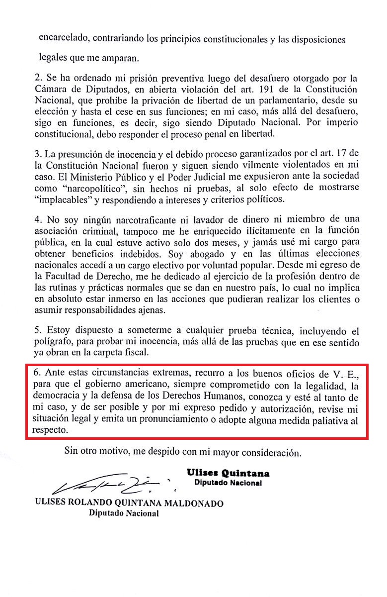 La segunda parte de la nota que Ulises Quintana envió a la embajada de Estados Unidos, declarándose inocente y pidiendo la intermediación de la institución diplomática (en recuadro).