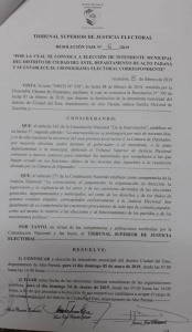 Resolución por la cual el Tribunal Superior de Justicia Electoral convoca a elecciones internas y nacionales en Ciudad del Este.
