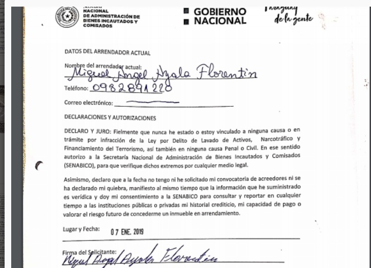 En el contrato donde Miguel Ángel Ayala declara que no tiene problemas comerciales. Sin embargo, mintió según los datos.