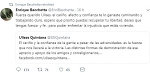 El tuit de Enrique Bacchetta, presidente del JEM, apoyando al imputado Ulises Quintana, cuyo perfil (tal vez desde la cárcel) le responde y agradece. 
