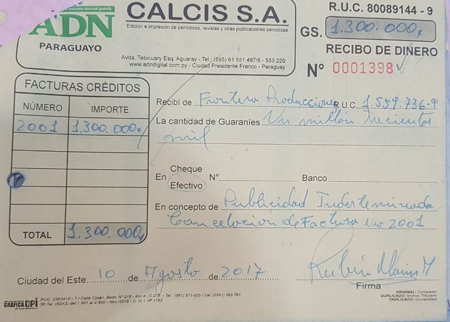El recibo de Calcis (ADN Paraguayo) expedido a nombre de Fronteras Producciones por el aviso de la Municipalidad de Ciudad del Este.