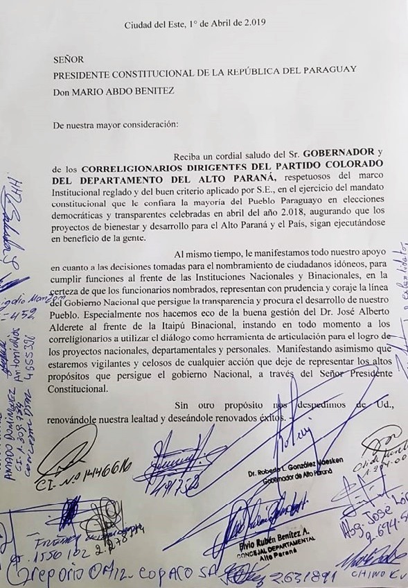 Nota remitida al presidente de la República, Mario Abdo Benítez, por el gobernador y los concejales departamentales del Alto Paraná. 
